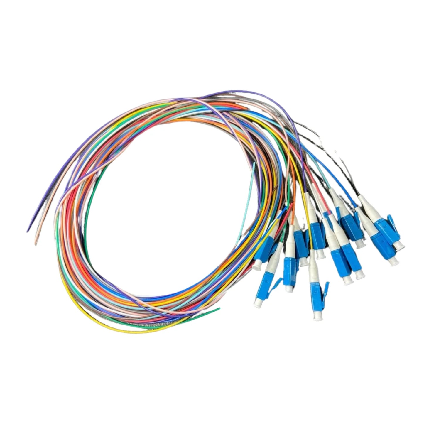 1m (3ft) Fiber Pigtail, LC UPC to Unterminated, 12 Fibers, Unjacketed Color-Coded, OS2 Single Mode, PVC (OFNR), 0.9mm, 12-Color