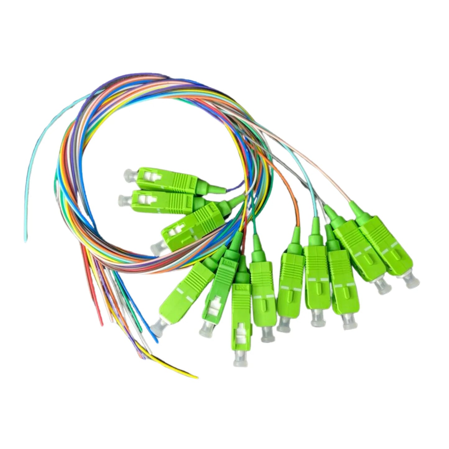 1m (3ft) Fiber Pigtail, SC APC to Unterminated, (PIGTAIL SC/APC SM 0.9MM) 12 Fibers, Unjacketed Color-Coded, OS2 Single Mode, PVC (OFNR), 0.9mm, 12-Color
