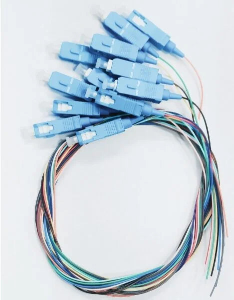 1m (3ft) Fiber Pigtail, SC UPC to Unterminated, 12 Fibers, Unjacketed Color-Coded, OS2 Single Mode, PVC (OFNR), 0.9mm, 12-Color