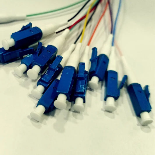1m (3ft) Fiber Pigtail, LC UPC to Unterminated, 12 Fibers, Unjacketed Color-Coded, OS2 Single Mode, PVC (OFNR), 0.9mm, 12-Color